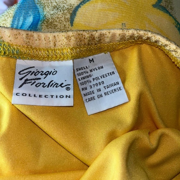 Yellow and teal floral double lines knee length skirt. Lettuce trim hem. Medium - Picture 3 of 3